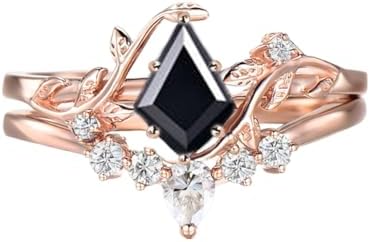 Solid Gold Kite-Shaped Onyx and Moissanite Wedding Ring Set for Women, Art Deco Leaf Design, Adjustable Sizes