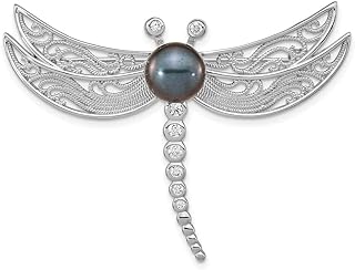 Marcasite Dragonfly Brooch, 925 Sterling Silver Rhodium Plated, Accented with Cubic Zirconia and Freshwater Cultured Pearl - Exquisite Pin Clasp Jewelry for Women