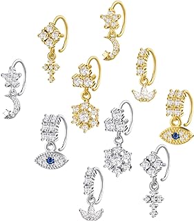 10-Piece Set Stainless Steel Dangle Nose Rings with Star, Moon, Cross Designs for Women and Girls