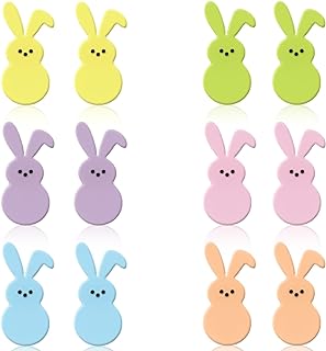 Whaline 6 Pairs Easter Acrylic Earring Studs Bunny Rabbit Shaped Earrings Colorful Earrings for Women Spring Birthday Party Jewelry Gift Accessories