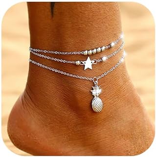 DRESBE Boho Layered Anklet Silver Pineapple Pendant Ankle Chain Beaded Ankle Bracelet Beach Star Foot Jewelry Accessories for Women and Girls