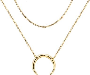 Dainty Gold Layered Bar Neckalce Moon Pendant Lariat Y Necklace 14K Gold Simple Necklace for Women