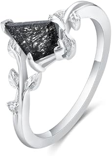 Black Ring Gifts for Women 1.35CT Kite Cut Natural Black Rutilated Quartz Engagement Rings for Women Half Eternity Vintage Platinum Plated 925 Silver Ring Art Deco Black Promise Ring for Women Black Wedding Bands for Women