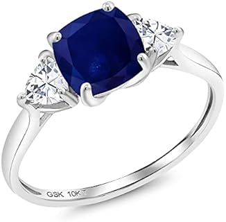 10K White Gold Women's Engagement Ring with Cushion Blue Sapphire and Trillion White Moissanite - 2.46 Cttw, Size 5