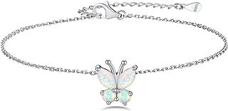 Lobster Claw Clasp Sterling Silver Opal Anklet with Butterfly Charm for Women - Created Opal Beachwear Jewelry in Marquise & Round Cut Design