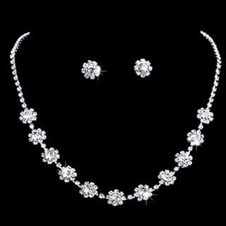 Lobster Clasp Crystal Bridal Silver Necklace and Earrings Set for Women - Wedding Choker and Dangle Design