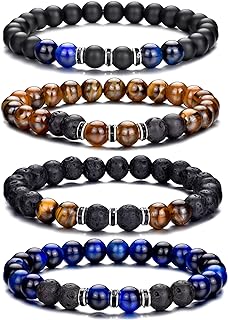 Lobster Claw Clasp, Beaded Bracelet with 8MM Natural Tiger Eye + Black Matte Agate on Bead Chain, for Men/Women, Adjustable & Stretchable Design