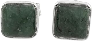 Handcrafted .925 Sterling Silver Jade Stud Earrings from Guatemala with Push-back Mechanism, Square Design - Green Kale 'Mayan Hope'