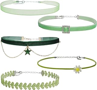 Nova&Aria 5PC Green Chokers Set For Women Leaf Pearl Choker Necklaces Flower Pendant Velvet Cute Choker Necklace Classic Tattoo Colorful Lace Chokers For Teen Girl-21