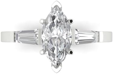 Clara Pucci 3-Stone Engagement Ring - 2ct Marquise Cut White Sapphire Solitaire in 18K White Gold, Size 3.5 with Engraving Option