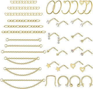 38Pcs 316L Stainless Steel Nose Chain for Women Men Heart Nose Ring Chain Double Nose Chain Piercing Across Nose CZ Nose Piercing Stud Nostril Jewelry