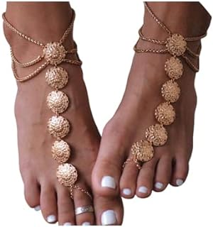 Lobster Claw Clasp Bell Anklet with Retro Gold Alloy Chain for Women - Layered Flower and Coin Design by Edary Gypsy