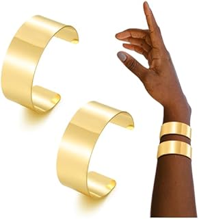 BOMAIL 2PCS Cuff Bangle Bracelets for Women - 14k Gold Plated Adjustable Open Statement Wide Bangles Gold Sliver Wrist Cuff Wrap Bracelets Jewelry Gift