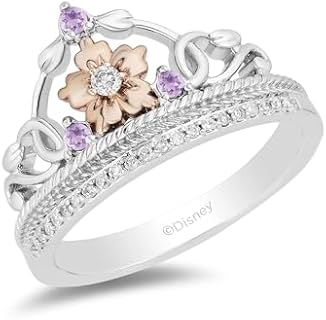 Jewelili Enchanted Disney Fine Jewelry 14K Rose Gold Over Sterling Silver 2.0 MM Round Rose-de-France and 1/10 Cttw Natural White Round Diamonds Rapunzel Ring