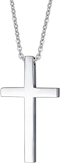 REVEMCN Simple Stainless Steel Silver Tone Cross Pendant Necklace for Men Women, 20-24 Inches Chain
