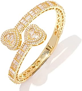 Lulu Mel Iced Out Baguette Diamond Bracelet Jewelry for Women, Hip Hop Mens 14k Gold Silver Plated Cubic Zirconia Bangle Bracelet, Girls Heart Cuff Bracelet With Jewelry Box