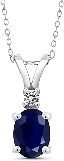 Gem Stone King 925 Sterling Silver Blue Sapphire and White Diamond Pendant Necklace For Women (1.87 Cttw, Oval 8X6MM, with 18 Inch Silver Chain)