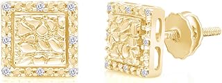 AFFY Round Natural White Diamond Accent Square Shape Nugget Mens Stud Earring in 10k Solid Gold (0.05 cttw, I-J Color, I2-I3 Clarity) Gift For Him