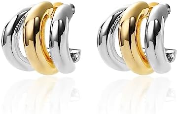 Silver and Gold Triple Hoops Earrings for Women Trendy Two Tone Hoop 18K Chunky Gold Earrings