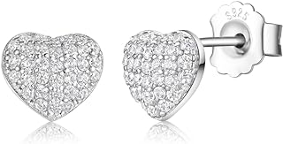Ellie Ruth 925 Sterling Silver Heart Shaped Stud Earrings | Elegant Earrings for Women, Teen | Hypoallergenic Faux Diamond Cubic Zirconia Studded | 8 mm