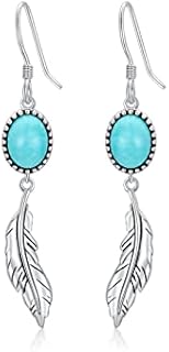 Feather Hoop Earrings with French Wire, Genuine Turquoise Gem, Sterling Silver Material for Women, Dangle Design - Ideal for Valentine's Gift