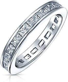 Princess Cut Cubic Zirconia Stacked Wedding Ring for Women, .925 Sterling Silver, Rhodium-Plated Wedding Band, Eternity Design, Size 7