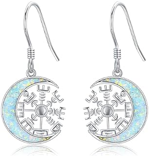 925 Sterling Silver Opal Viking Compass Dangle Earrings with Vegvisir Design and Oxidation Finish - Hypoallergenic, Perfect Gifts for Women