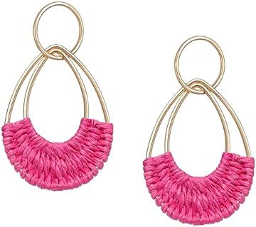 Raffia Hoop Earrings for Women Girls Fun Boho Summer Beach Earrings Lightweight Handmade Straw Wicker Rattan Dangle Earrings Statement Geometric Round Drop Earrings