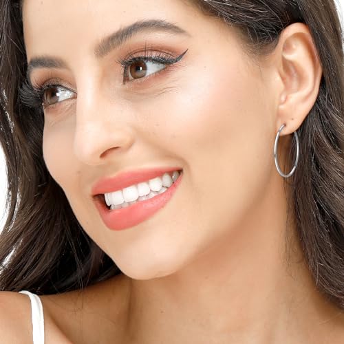 3 Pairs Sterling Silver Hoop Earrings - White Gold Plated Hoop Earrings Large Hoop clip-on Earrings Set Hypoallergenic Fashion Jewelry Gifts for Women 20/30/40mm（2 colors）