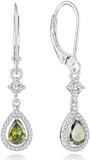 Created Peridot Teardrop Dangle Earrings with Lever Back for Women - Halo Design Sterling Silver Jewelry by Guesma