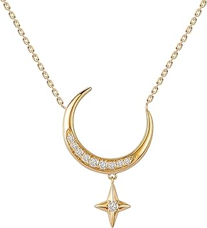 Solid 14K Gold Moon Necklace for Women, Real Gold Moon and Star Pendant with Moissanite Anniversary Birthday Jewelry Gifts for Women, Wife, Mom 16+2 Inch lobster clasps