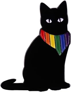 Stylish Black Cat Brooch with Pin Clasp for LGBTQ Advocates - Rainbow Bow Tie Design