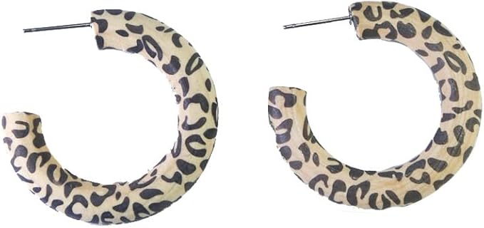 34mm Natural Wood Leopard Print Hoop Earrings Studs for Women, Lightweight Huggie Boho C-shaped Dangle Handmade Wooden Earrings Studs Bohemia Circle