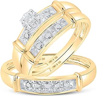His and Hers Bridal Womens and Mens Engagment and Wedding Band Complete Trio Matching Wedding Rings Set Yellow-tone 925 Sterling Silver Round Diamond 1/20 Cttw
