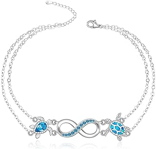 Women's Sterling Silver Double Layered Turtle Anklet with Cubic Zirconia & Lobster Claw Clasp - Symbol of Love and Longevity