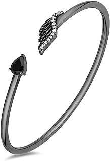 No-Clasp Black Onyx Bangle Bracelet - Jewelili Enchanted Disney Fine Jewelry, Maleficent Design in Sterling Silver for Disney Lovers - Round Shape