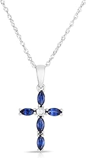14K White Gold Genuine Sapphire Diamond Cross Pendant Necklace