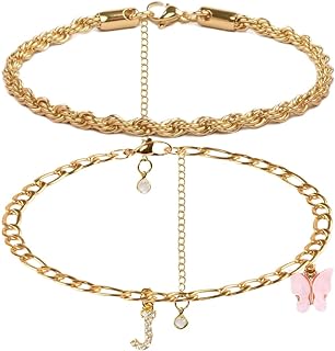Amchoice Gold Anklets Ankle Bracelets for Women, 18K Gold Plated Anklets for Women Initial Anklet Waterproof Double Layered Chain Jewelry for Girls Gifts