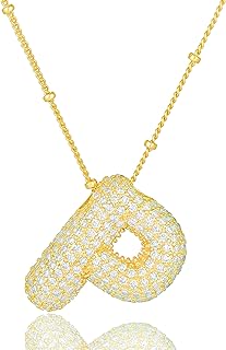 Bubble Letter Necklace Gold Balloon Initial Pendant Necklace Dainty Zirconia Alphabet Name Necklace for Women Girls Birthday Jewelry Gifts