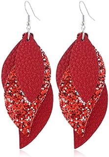 Leather Earrings 3 Layered Lightweight Faux Leather Leaf Earrings Layered Glitter Design Drop Earrings Fashion Retro Sequin Shining Statement Dangle Earring for Women Girl Jewelry