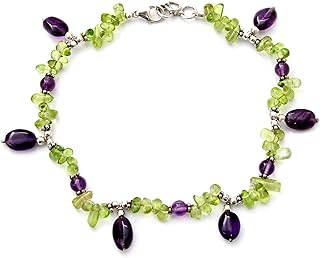 NOVICA Handcrafted Peridot-Amethyst Anklet in .925 Sterling Silver with Bead Chain and Lobster Claw Clasp, Green-Purple Beaded Bollywood Birthstone Anklet from India – 9.75 inch 'Forest Fiesta'