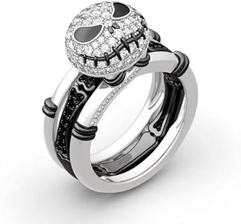 Skull Cute Christmas Ring, Halloween Ring Nightmare Before Christmas Ring, Christmas Rhinestone Finger Ring 2 in 1 Skeleton Ring (7, Black)