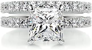 1 CT Center Princess Cut Moissanite Wedding Sets, Platinum Plated Silver Wedding Ring Sets for Her