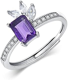 925 Sterling Silver Natural Amethyst Engagement Ring - Stunning February Birthstone with Purple Crystal Gems - Unique Adjustable Size for Women, Perfect Wedding Band Gift