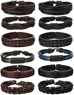 Jstyle 12Pcs Braided Leather Bracelet for Men Women Cuff Wrap Bracelet Adjustable Black and Brown (A:12Pcs)