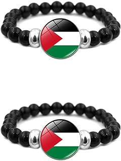 Lobster Claw Clasp Palestine Bead Bracelet with Bead Chain and Stone Accents for Men and Women - Adjustable Stretch Fit Alloy Bracelet with National Flag Design - Patriotic Jewelry Gift