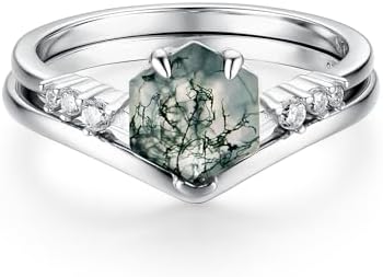 1.5ct Natural Moss Agate Ring Sterling Silver Hexagon Shaped Engagement Ring Green Agate Promise Wedding Rings for Women