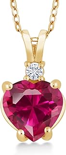 Gem Stone King 14K Yellow Gold Heart Shape Red Created Ruby and White Topaz Pendant Necklace For Women (2.27 Cttw, with 18 Inch Chain)