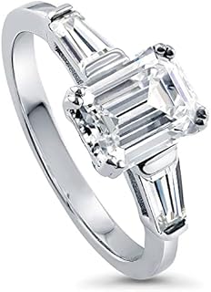 BERRICLE Sterling Silver 3-Stone Wedding Engagement Rings Emerald Cut Cubic Zirconia CZ Anniversary Ring for Women, Rhodium Plated Size 4-10