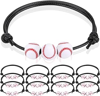 12Pcs Baseball Charm Bracelets Baseball Party Favors Baseball Beads Adjustable Wristbands Sport Baseball Bracelet for Teen Women Men Birthday Party Christmas Holiday Gifts Baseball Favor for Team